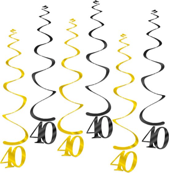 Q2Party - 40 Jaar Swirl - Slinger - Leeftijd - Versiering - Verjaardag - decoratie - Feest - Hangdecoratie - Goud/Zwart – 6 stuks