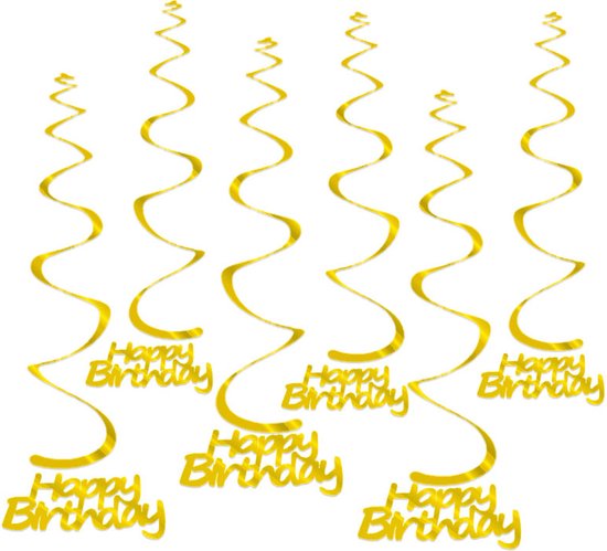 Q2Party - Happy Birthday Swirl - Goud - Slinger - Versiering - Verjaardag - decoratie - Feest - Hangdecoratie – 6 stuks