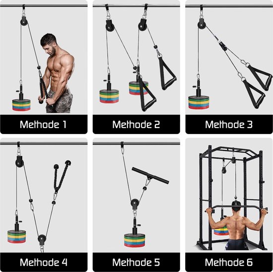 Zes methodes om het Ruffman fitness kabelsysteem te gebruiken met gewichten en diverse handgrepen.
