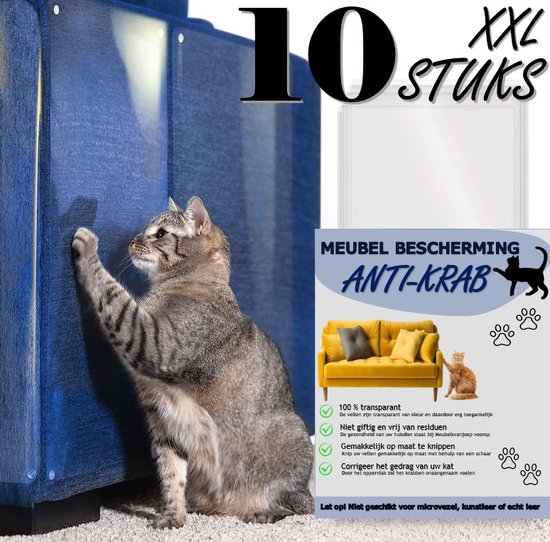 Grote blauwe bank met een grijze kat die eraan krabt. Tekst: 'MEUBEL BESCHERMING ANTI-KRAB'. Rechts een gele bank met twee katten.