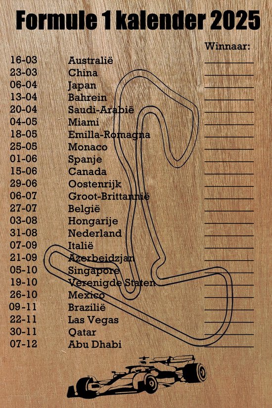 Formule 1 wandbord 20 x 30cm Kalender 2025 Mogelijkheid winnaars in