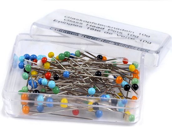 Foto: Jgl 910 90 stuks glaskopspelden bont gekleurd 10 gram kopspelden in transparant doosje hersluitbaar 32 mm lang spelden echte glaskopjes