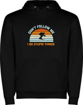 Zwarte unisex hoodie met “ Kleurrijke Ski don't follow me I do stupid things - Sneeuw – Wintersport “ Print Full Color Color merk Roly maat S