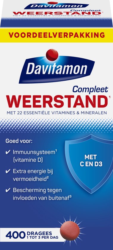 Davitamon Compleet Weerstand, voordeelverpakking. Met 22 vitamines & mineralen. Goed voor immuunsysteem, extra energie en bescherming. 400 dragees.