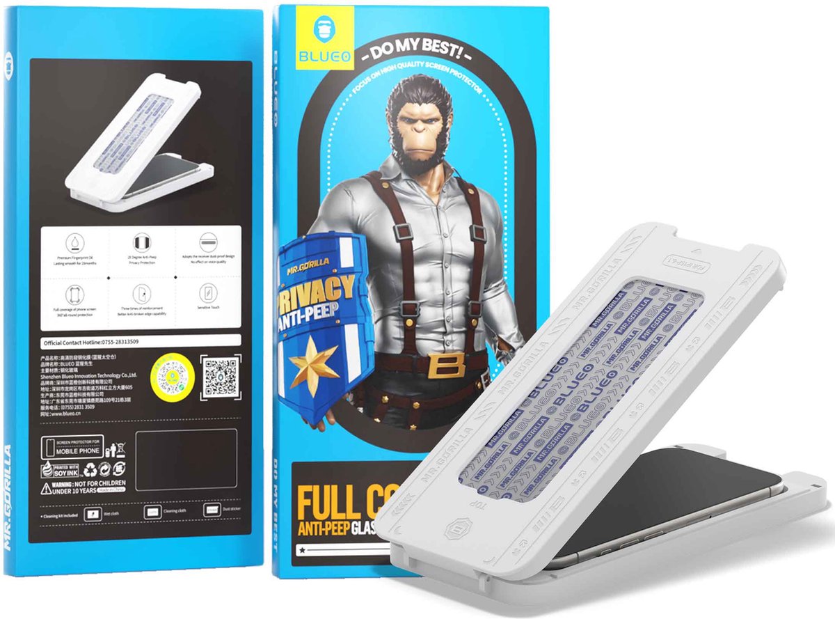 BLUEO Gorilla Glasfolie - Privacy Screenprotector Geschikt voor iPhone 13 / 13 Pro / 14 - Met Installatie Kit