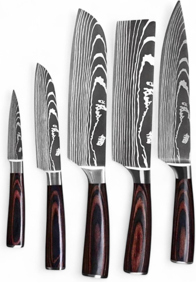 KAAMUT® 5-delige Messenset Damascus Look – Vlijmscherp – Professionele Koksmessen – Handvat van Pakkahout