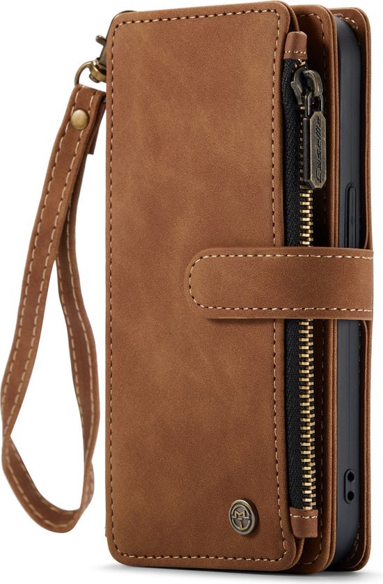Bruin portemonnee hoesje voor iPhone met rits en polsband.