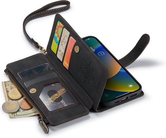 Zwart portemonnee hoesje met ritsvak, kaarthouders en een polsbandje voor iPhone.