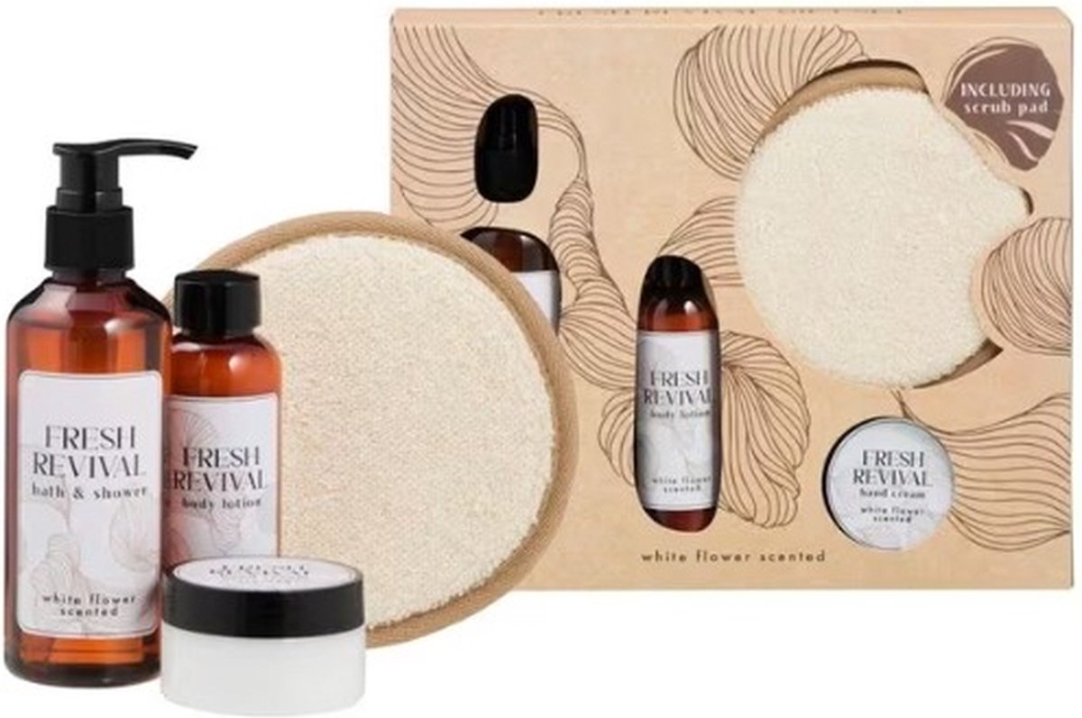 Goedkoopste Fresh Revival Giftset - Witte Bloemen Geur! Inclusief Scrub Pad, Badschuim, Bodylotion & Handcrème – Perfect Cadeau voor Iedereen!