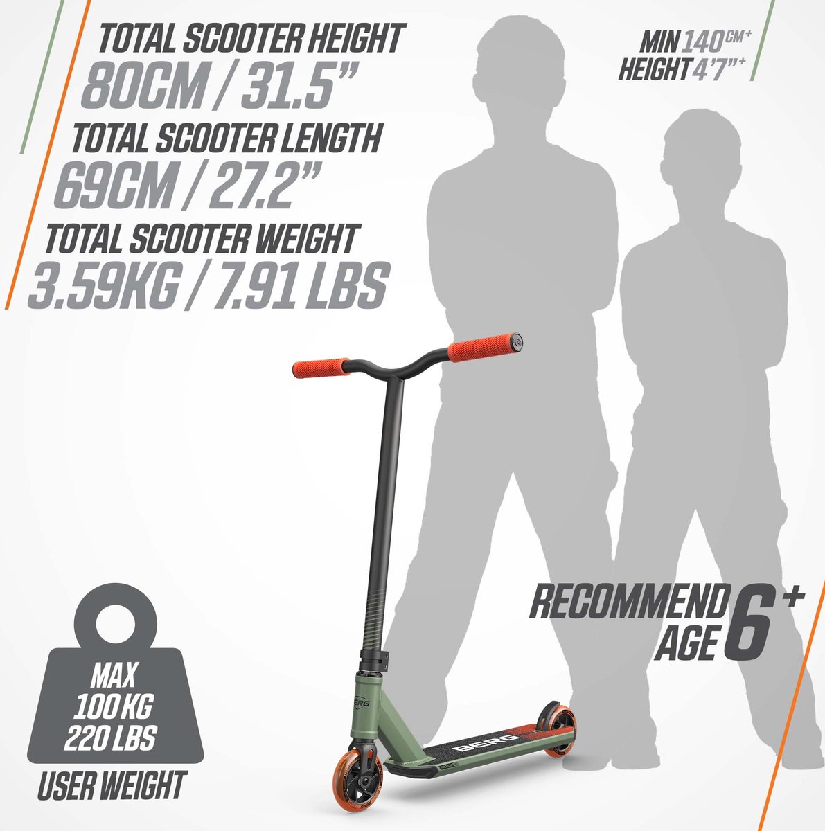 BERG Proxus X1 Stuntstep - Vanaf 6 jaar - 110 mm wielen - ABEC-9 lagers – Groen/Oranje — afbeelding 2