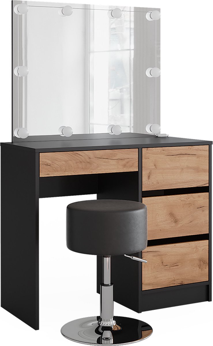 Vicco Sherry Kaptafel – 90 x 75 cm met spiegel, LED-verlichting & kruk Antraciet/gouden eik