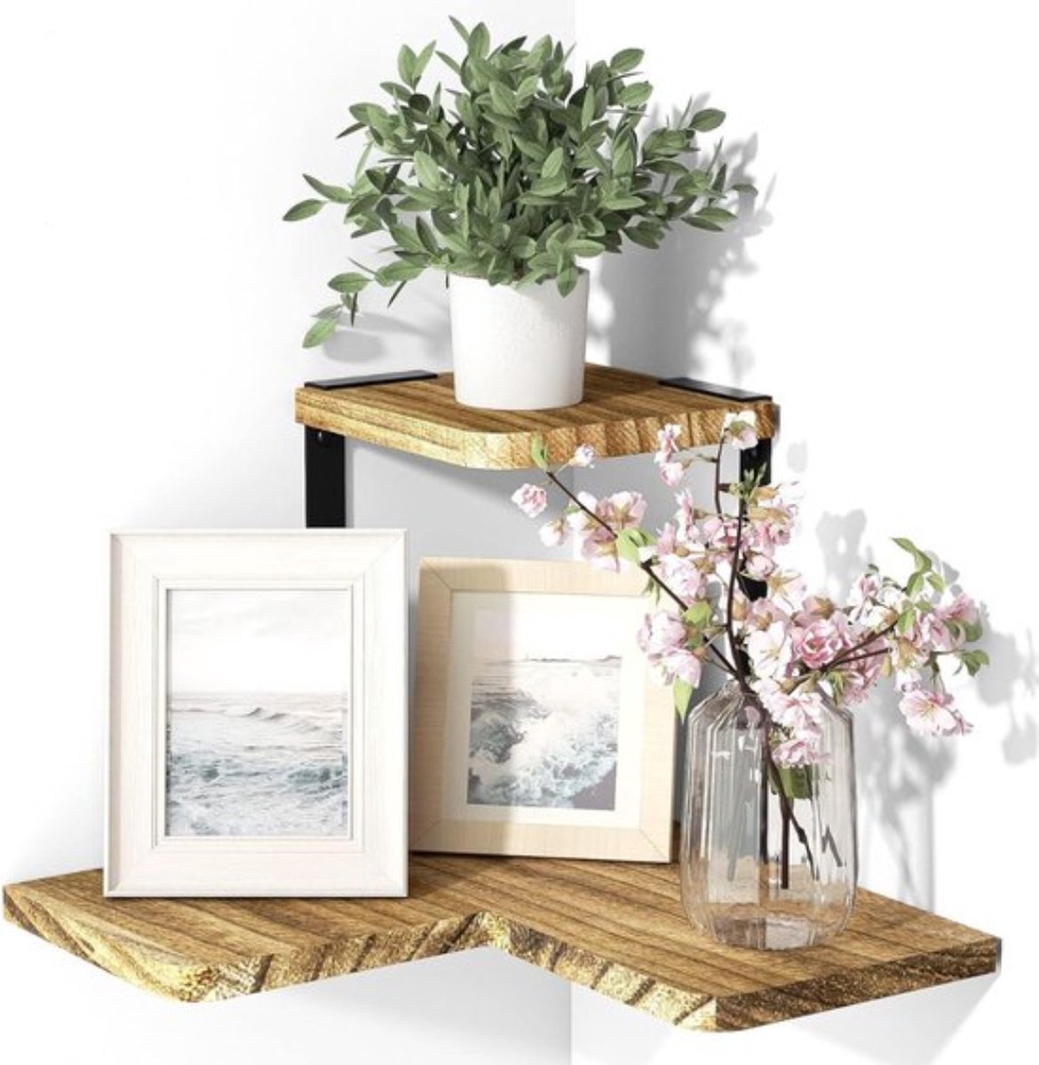 Wandplank - Houten Plank Wandmontage - Hoekrek Display Decor - Hoekplank - Organizer voor Slaapkamer Keuken Badkamer - 2Stuks - Bruin - Vintage