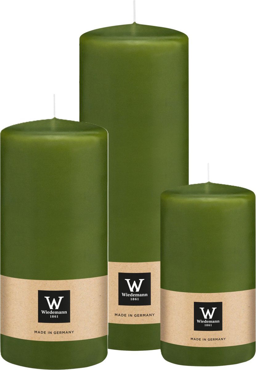 Wiedemann Cilinderkaarsen/stompkaarsen - set van 3 - olijfgroen - 6x12/7x15/7x20 cm Olijf groen