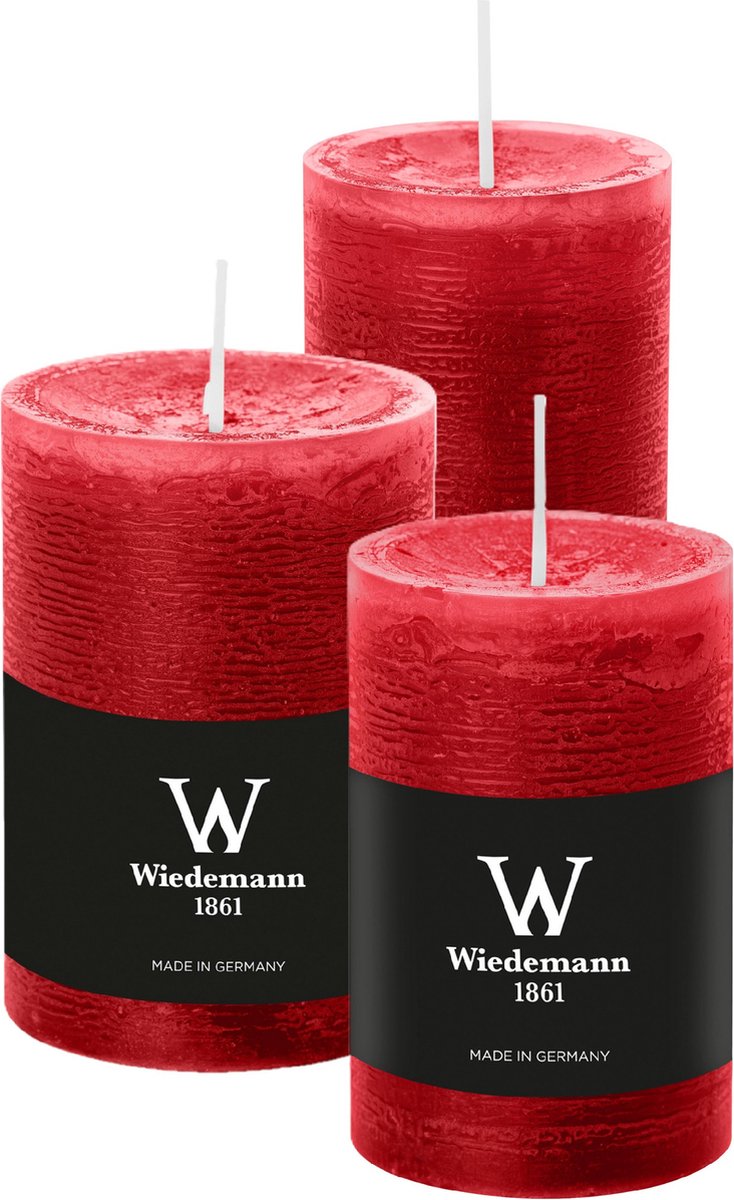 Wiedemann Cilinderkaarsen/stompkaarsen - set van 3 - rustieke kaars - rood - 6x9/6x12/7x10 cm