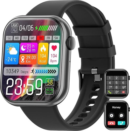 ECHO Rainbow Lite - Smartwatch voor heren, 1,83 inch, grijs metaal, Bluetooth/draadloze oproep en gezondheidssensoren, sportmodi met coaching, 2 rubberen armbanden, licht en waterdicht, Android/iOS