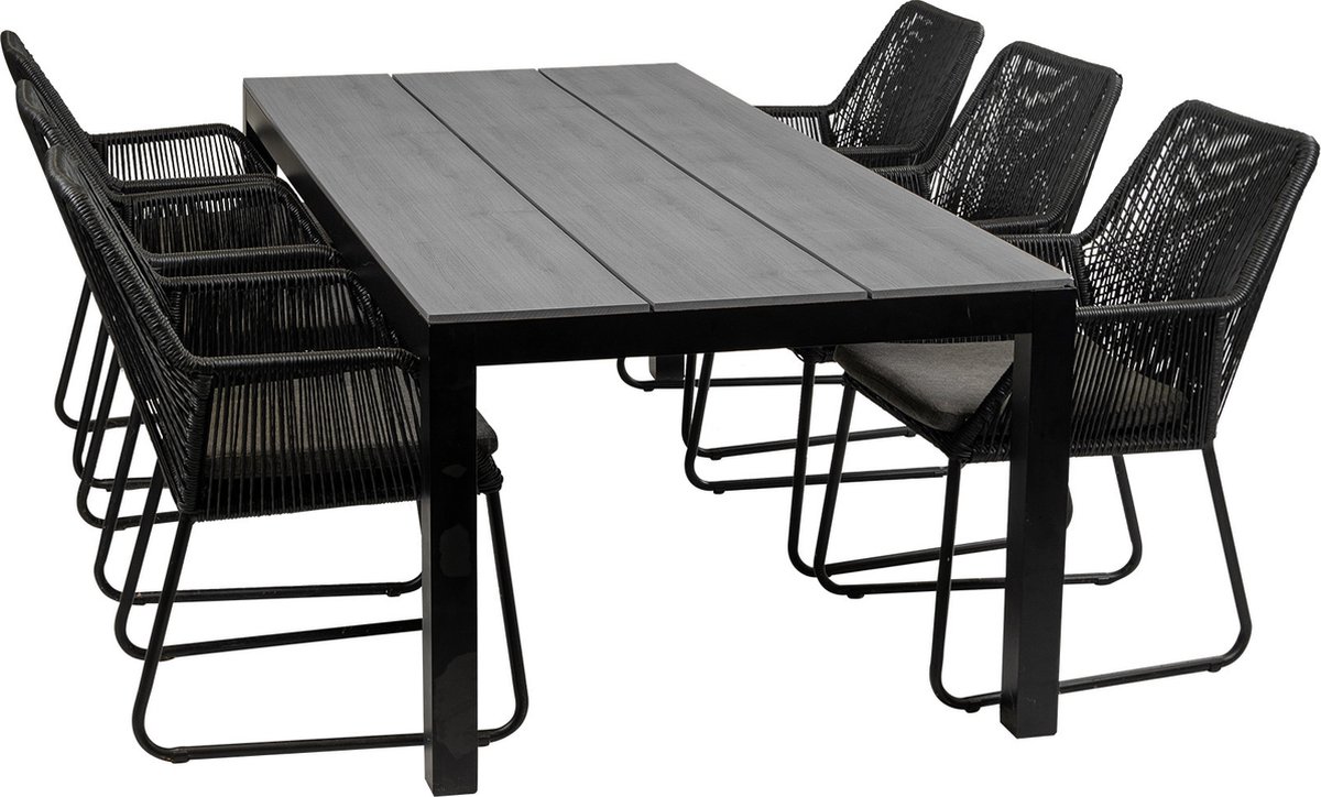 7-delige tuinset | 6 Mona tuinstoelen (Black) | 225cm Cyprus tuintafel (Grey)