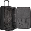 Valise trolley noire ouverte, avec doublure noire et compartiments en mesh. Intérieur de la valise.