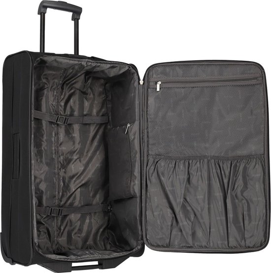 Valise trolley noire ouverte, avec doublure noire et compartiments en mesh. Intérieur de la valise.