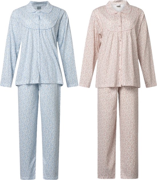 Lunatex - 2 klassieke dames pyjama's 124245 - 100% katoen - blauw en roze - maat M