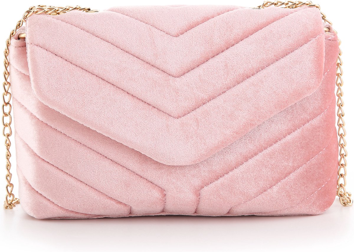 Michelle Bags - Velvet Schoudertas met chain band - Deep Pink