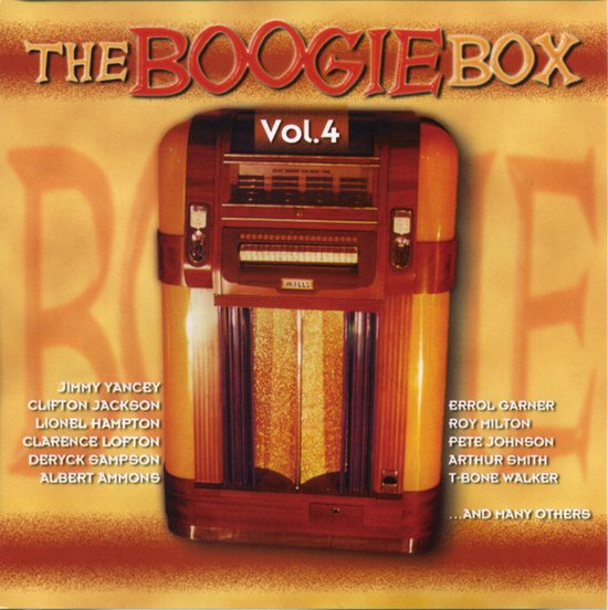 De voorkant van de CD 'The Boogie Box Vol.4' toont een gedetailleerde afbeelding van een retro jukebox in bruin met gouden accenten, met de titel bovenaan en de tracklijst aan weerszijden.