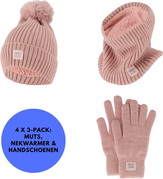 Roze gebreide muts met pompon, nekwarmer en handschoenen. Met Heat Keeper label.