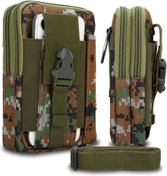 Étui Cadorabo avec motif camouflage numérique, clip de ceinture et bandoulière amovible.