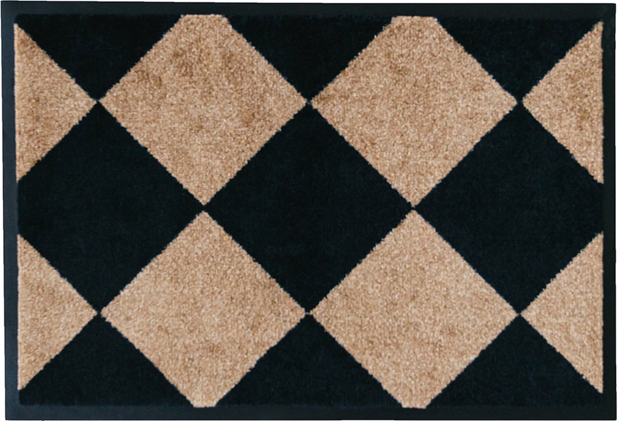 Mat Moments - French franse ruit - deurmat design zwart beige - wasbaar - droogloop/touch - 60x85cm
