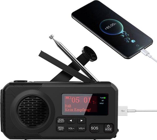 Draagbare Noodradio - DAB+/ FM - Zonnepaneel - Bluetooth - 5200mAh - Powerbank - Automatisch Zenders Zoeken - Zwengel - Kampeer-Radio - Solar - Zwart