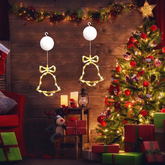 Jsdoin LED Kerst Raamlicht Maan en Bel, Twinkle Kerst Gordijn Licht met Timer, Hanglampen voor Feestwinkel Venster Xmas Decoratie, Outdoor Binnen, Batterij Aangedreven (Warm Licht