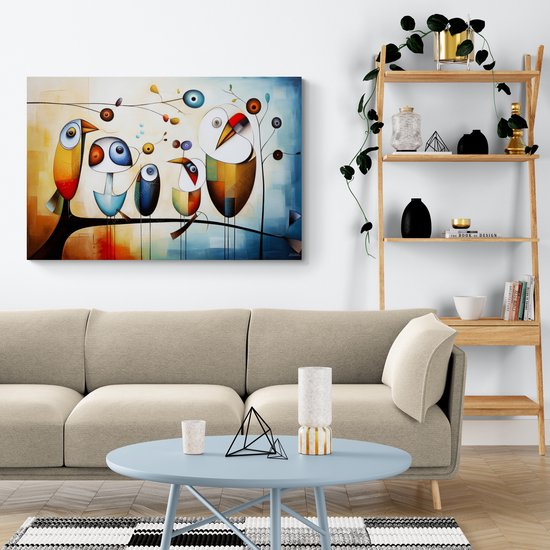 JJ-Art (Toile) 60x40 | Vogels sur une branche, Kandinsky, style Joan Miro, abstrait, coloré, art | animal, oiseau, rouge, marron, bleu, moderne | Impression sur toile Photo-Painting (décoration murale)