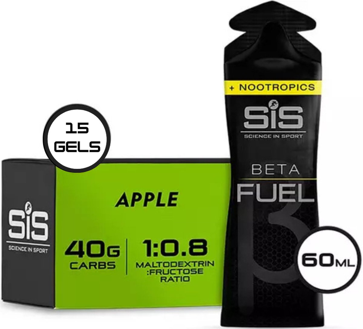 Science in Sport - SIS Beta Fuel - Dual Source energy gel Nootropics - Apple smaak - 1 0,8 Maltodextrine Fructose verhouding - 40 gram koolhydraten per gel - 15 x 60ml