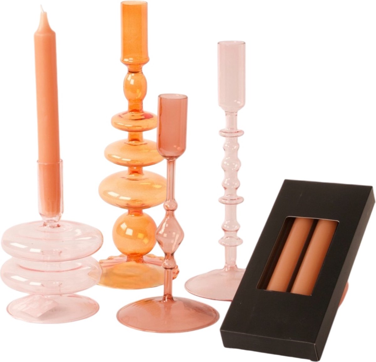 WinQ-Set Glaskandelaren in Roze met Oranje- 4stuks-Kandelaren