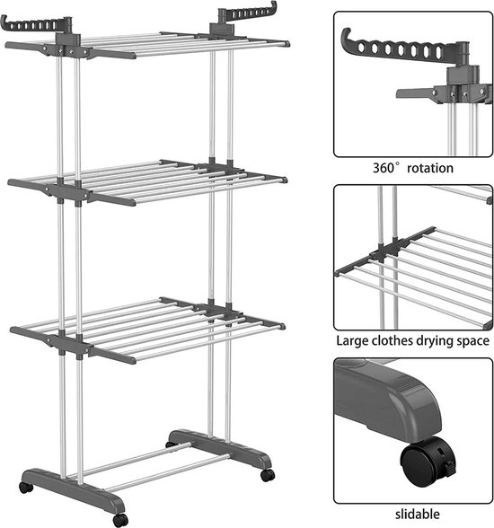 JAUREE 160 cm wasrek, opvouwbaar kledingrek voor binnen en buiten, robuust roestvrij staal, draagbare, grote kledingstandaard, stabiel, met 20