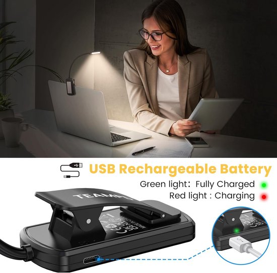 Anti-Blauw Oogbescherming Boek Licht - 10 LEDs, 3 Kleuren Verlichting, Instelbare Helderheid, USB Oplaadbaar Mini Clip Leeslampje van Merkloos — afbeelding 5
