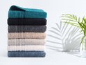 Une pile de serviettes de différentes couleurs avec une plante en arrière-plan.