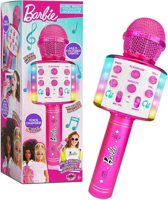 Barbie 2 in 1 Karaoke Microfoon - Draadloos & Bluetooth – Ingebouwde Speaker & Lichteffecten - Microfoon Kinderen met 5 Stemeffecten - Zingen & Opnemen - Karaoke Set - Roze