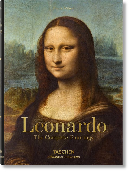 Boek met de Mona Lisa op de voorkant, getiteld "Leonardo - The Complete Paintings".
