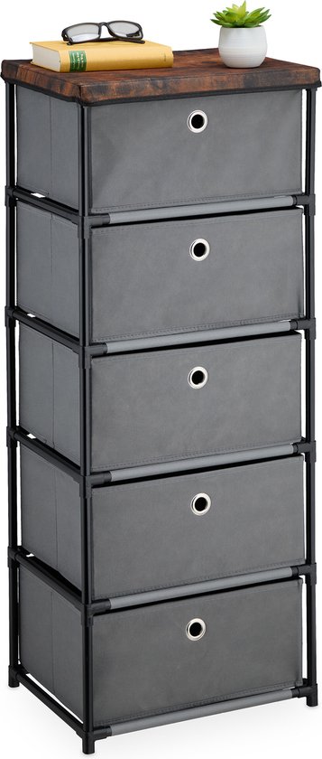 Commode 5 Tiroirs Relaxdays 105x43x33 Cm - Tissu Et Métal, Noir Et Marron - Pour Salon Ou Entrée