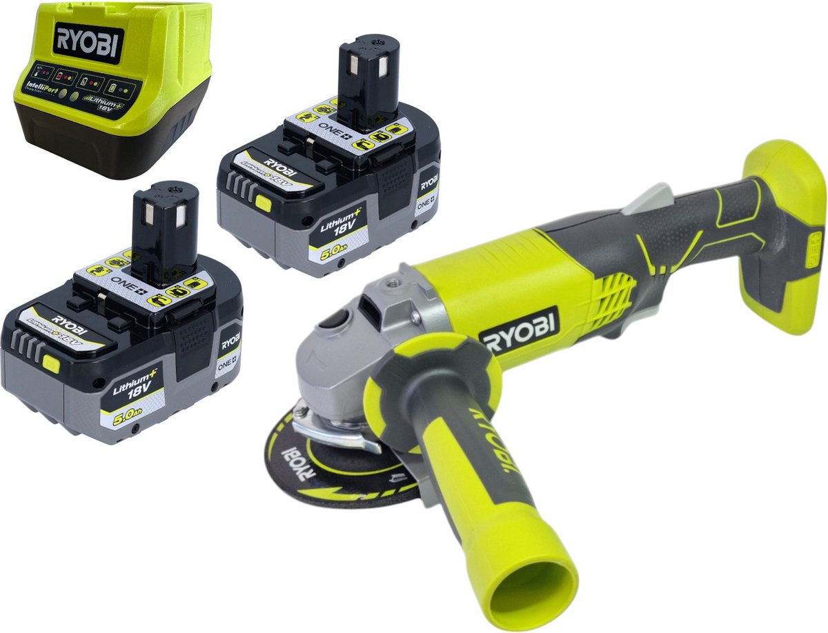 RYOBI R18AG-0 accu haakse slijper 18 V ONE+ 115 mm + 2x accu 5,0 Ah + oplader