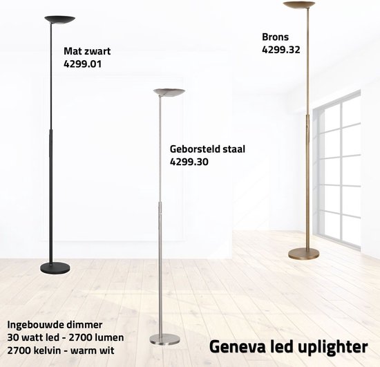 Vue d'ensemble des lampadaires 'Geneva LED uplighter' en noir mat, acier brossé et bronze.