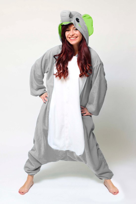 KIMU Onesie Grijze Olifant Pak - Maat XS-S - Olifantenpak Kostuum Grijs 152 158 - Jumpsuit Huispak Pyjama Zacht Dierenpak Dames Heren Halloween