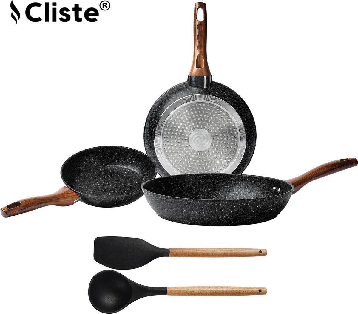 Cliste Koekenpan Inductie Set - 3 Delig Koekenpannenset Ø 20/24/28 cm met gratis 2 spatels - Pannenset Voor Alle Warmtebronnen - Antiaanbaklaag en Keramisch Coating - Braadpannenset Met Koudgrepen - Zwart