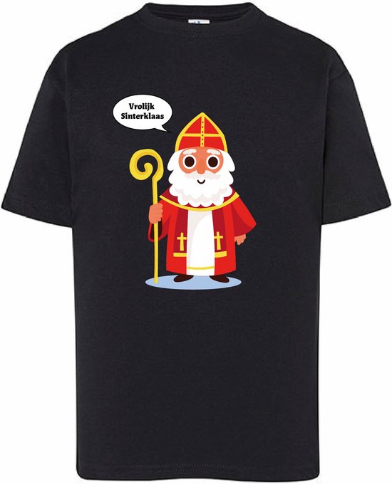 Zwart T-shirt met cartoon Sinterklaas in rood gewaad, staf en tekstballon met 'Vrolijk Sinterklaas'.