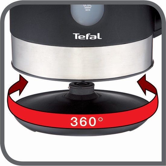 Zwarte Tefal waterkoker op een 360° draaibare voet.