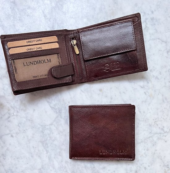 Lundholm Portemonnee heren compact luxe leer RFID anti-skim in geschenkdoos cadeau - Reykjavik serie portefeuille heren leer - mannen cadeautjes Billfold Bruin