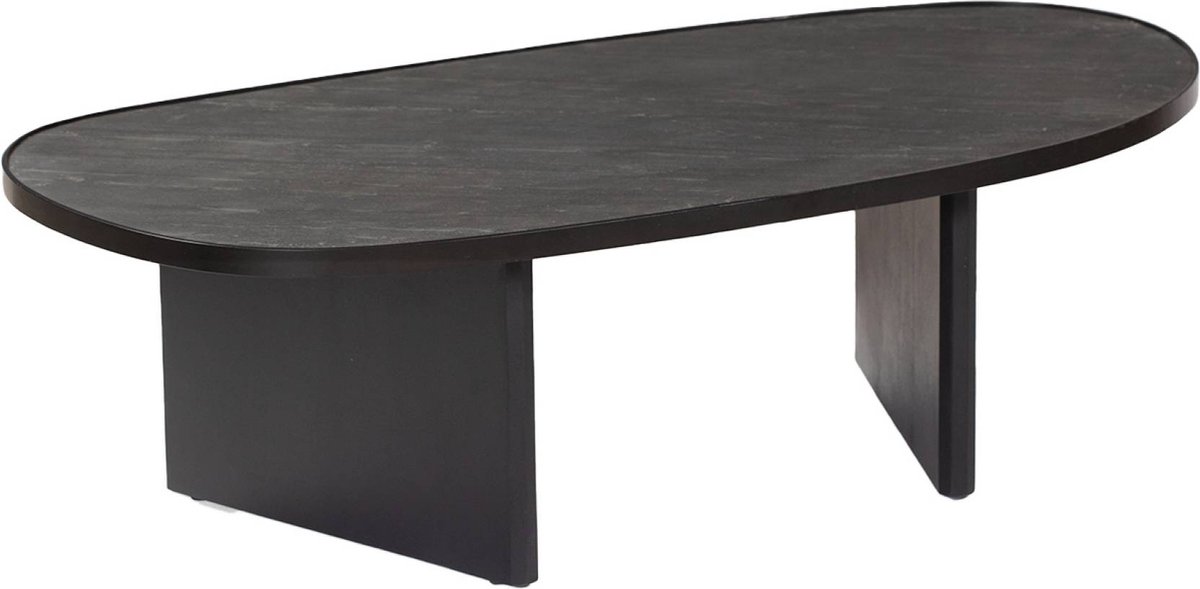sweeek Ovale salontafel van mangohout en steenfineer, metalen rand Zwart