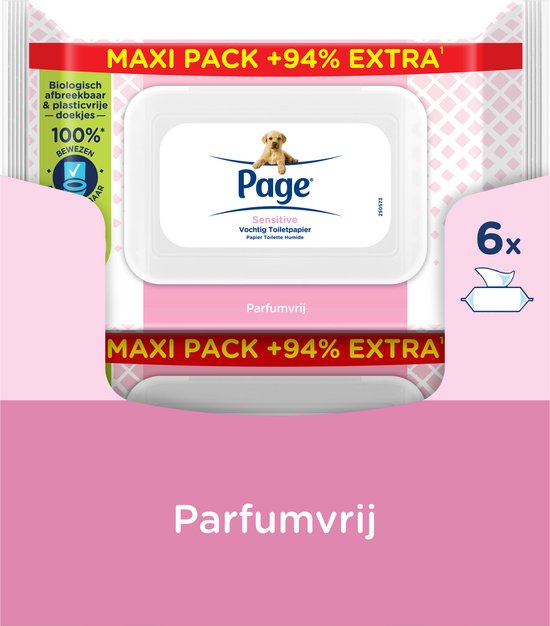 Page vochtig toiletpapier - Sensitive Maxi vochtig wc papier - 444 doekjes (6 x 74 stuks)