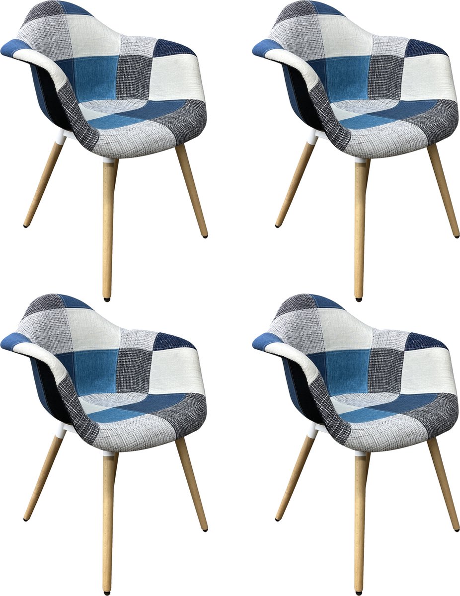 Lina RIA Eetkamerstoelen set van 4 – Keukenstoelen- Blauw-Grijs- Stof Blauw - Wit - Grijs