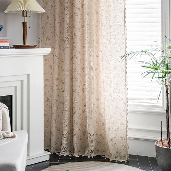 Floraweg Boho Rideaux à crochets en kanten patchwork semi-occultant imprimé floral bohème, pompons faits à la main, passe-tringle, traitement de fenêtre, rideaux de ferme rustiques vintage pour salon, chambre à coucher, 150 x 220 cm, imprimé floral